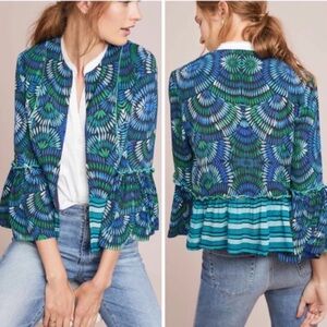 Bl-nk London Anthropologie Annette Printed Jacket Blue/Green geometric Large